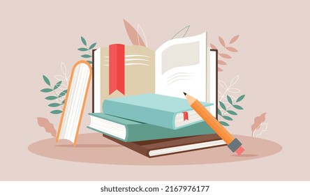 Reading book concept. Love for literature, holiday, distance education and training. Metaphor of inquisitive and hardworking student. Poster or banner for website. Cartoon flat vector illustration