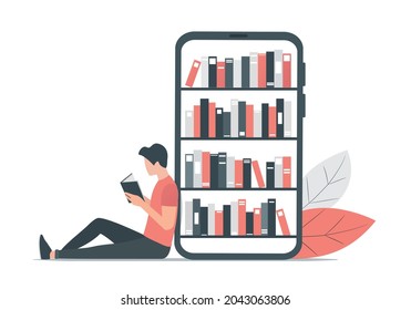 Reading book concept. Online book store. Colored flat vector illustration. Isolated on white background.