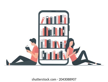 Leyendo concepto de libro. Tienda de libros en línea. Ilustración vectorial plana de color. Aislado sobre fondo blanco.