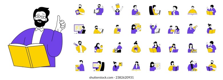 Reading book concept with people situations mega set in flat web design. Bundle scenes of different readers with books or textbooks. Vector illustrations for social media banner, marketing material.