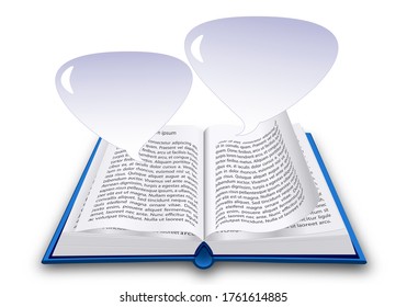 Reading book concept. Realistic object. Hand book with quote bubbles. Vector illustration