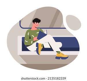 Reading book concept. Self development and distance learning. Useful hobby, rest during travel or trip. Student uses time correctly. Fiction, stories and poems. Cartoon flat vector illustration