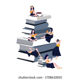 Reading. Book day. Learning concept. Paper editions. Vector illustration isolated on white. Young women are reading.