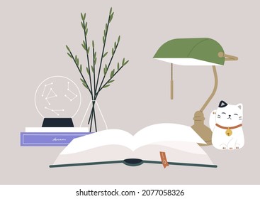 Reading A Book At The Desk, Hobby And Education, A Table Decorated With A Crystal Globe, A Green Library Lamp, And A Lucky Cat Figurine, Cozy Quiet Atmosphere