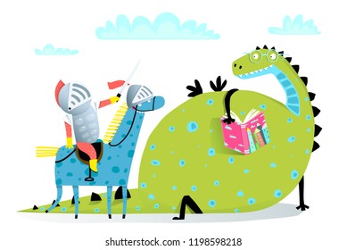 Reading Book Dragon and Knight on Horse Attack. Fairy tale funny dragon and knight fighting.