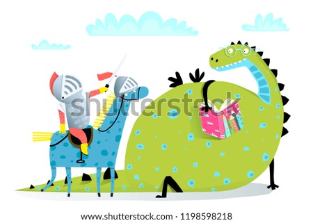 Reading Book Dragon and Knight on Horse Attack. Fairy tale funny dragon and knight fighting.
