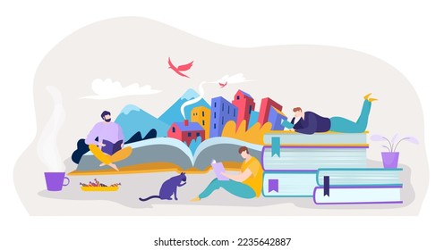 Reading book education, vector illustration, flat people character sit near open literature with buildings, mountain, birds, man read story in library.