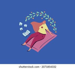 Reading a book and enjoying the sun  outdoors while laying on a blanket. Minimal illustration. Concept for world book day, lecture, free and spare time, culture and more.