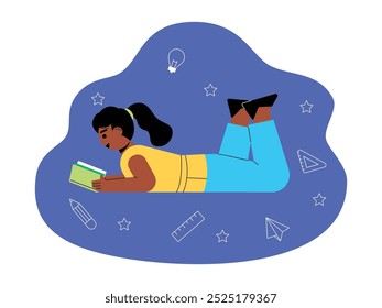 Reading a book enthusiastically while lying on his stomach, preparing for back to school, vector illustration.