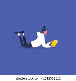 Reading a book. Female Character lying on a floor. Literature. Modern lifestyle. Flat editable vector illustration, clip art