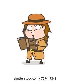 Reading Book - Female Explorer Scientist Cartoon Vector

