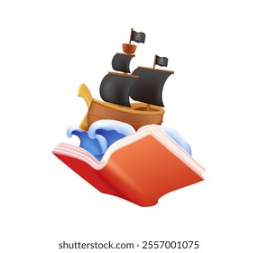 Reading or book festival concept of a ship sailing the boat and reading an open huge book. Fantasy and Imagination concept design. 3D Vector illustration, poster and banner