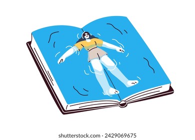 Lectura de libros, literatura de ficción. Gusano de biblioteca, lector nadando en agua de fantasía en páginas. Concepto de imaginación. Personaje minúsculo, bibliófilo. Ilustración vectorial gráfica plana aislada sobre fondo blanco