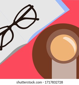 Buch lesen. Flaches Design. Arbeitstisch für den Bildungsraum. Tasse Kaffeebrille buchen.
