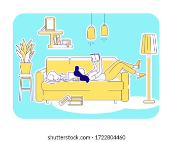 Reading book flat silhouette vector illustration. Woman lying on couch with cat. Person holding magazine. Female outline character on turquoise background. Recreation simple style drawing

