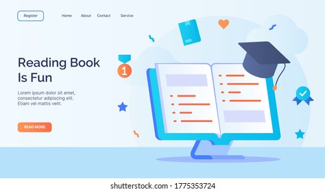 Reading book is fun open book toga icon campaign for web website home homepage landing template banner with cartoon flat style.