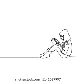 Reading book girl. Young smart child one continuous line art style.