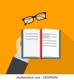 Reading book and glasses flat vector illustration