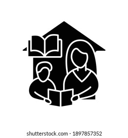 Reading Book Glyph Icon. Child Learns To Translate Text With Mom. Online Education Concept. Distant Remote Teaching And Homeschooling. Isolated Silhouette Vector Illustration