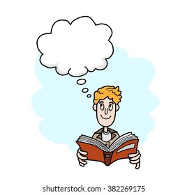 Reading A Book, a hand drawn vector illustration of a guy reading a book while imagining things, the main object, narration bubble, and the simple background are on separate groups for easy editing.