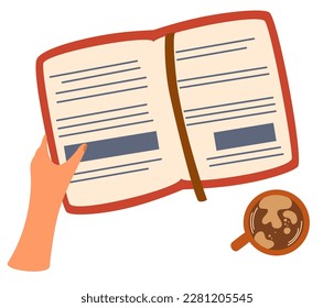 Leyendo un libro. La mano sostiene un libro, un cuaderno, un planeador y un café. El concepto de estudio, la vida estudiantil, el trabajo, pasar tiempo, hobbies. Ilustración vectorial plana aislada en fondo blanco