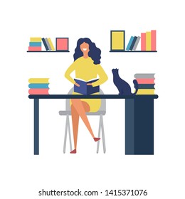 Reading book hobbies. Woman sitting at table and reading magazine vector concept. Girl sitting at table and education with book illustration