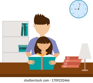 Reading a book at home. Dad is reading a book to his daughter. Vector illustration isolated on a white background. Flat style