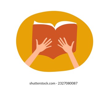 Reading book. Human hands holding open Book doodle style. Color doodle sketch. Learning and education sign. Vector illustration for World book day, book festival, education, culture festival, library