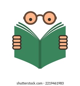 Reading book icon. Man with glasses reading a book. Colored vector illustration.
