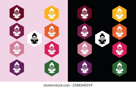 Reading Book Icon on Flat Color Polygon Buttons with Black and pink colour background.