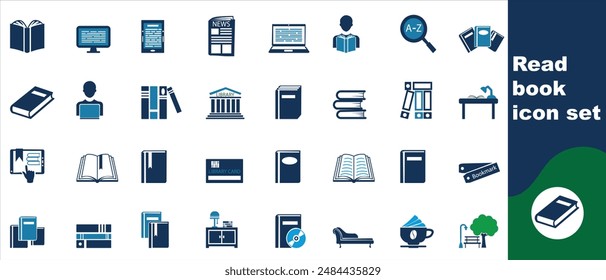 Reading book icon set, reading books, arranged books, tables, chairs, glasses, and beautiful books. Solid icon collection. Vector illustration.