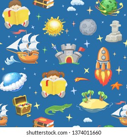 Reading book, imagination background with stars, sailing ship, desert island, planets flying rocket, castle, treasure chest seamless