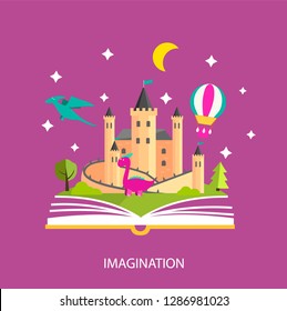 Reading book, imagination concept with stars, castle, dinosaurs, landscape, trees, flying hot air balloon etc. Vector illustration