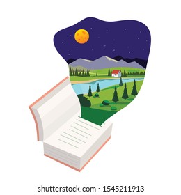 Reading book, imagination concept with stars, mountain landscape, trees, planet, hot air balloon etc.