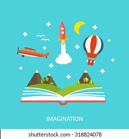 Reading book, imagination concept with stars, mountain landscape, trees, flying rocket, hot air balloon etc.