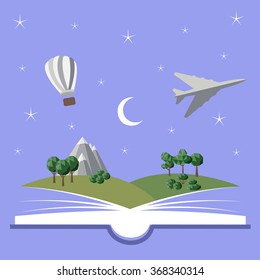Reading book, imagination concept with stars, moon, mountain landscape, trees, hot air balloon - vector
