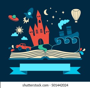 Reading book, imagination concept with stars, mountain landscape, trees, flying rocket, hot air balloon and other. Vector flat illustration