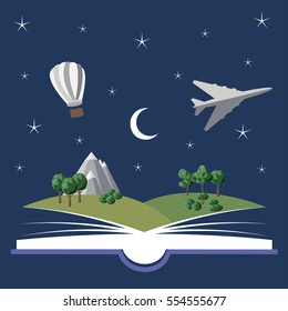 Reading book, imagination concept with stars, moon, mountain landscape, trees, hot air balloon - vector