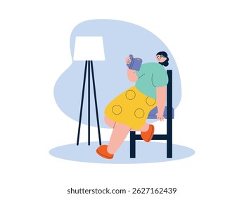Ler um livro em uma posição inapropriada, ilustração de vetor de preguiça.