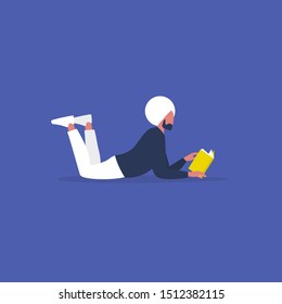 Reading a book. Indian male Character lying on a floor. Literature. Modern lifestyle. Flat editable vector illustration, clip art