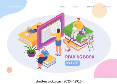 Reading book, isometric web page, vector illustration. Man woman people character use digital library, online electronic education.