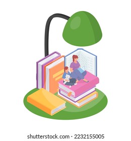 Reading book, kid with mother, isolated on white design, vector illustration. Woman read cartoon fairy tale for daughter character