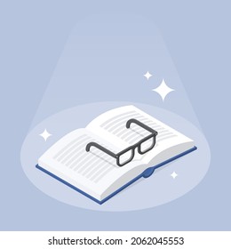 Reading book knowledge isometric vector illustration. Open paper textbook with eyeglasses learning or entertainment. Interesting literature studying for self development or education with stars shine