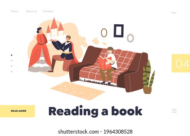 Reading book landing page concept with little boy reading tale. He imagines a castle, prince and princess. Small kid with storybook read fairytales. Cartoon flat vector illustration