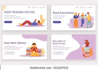 Vektorillustration-Vorlagensatz für die Buchlandung gelesen. Offline Bookstore Website-Schnittstelle mit flachen Illustrationen. Archiv-Homepage-Layout. Keen-Reader-Webbanner, Cartoon-Konzept für Webseiten