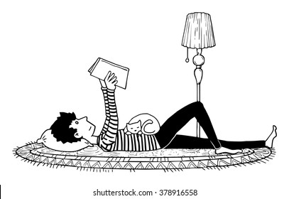 Reading a book, laying down, with a cat, character, black and white, vector illustration