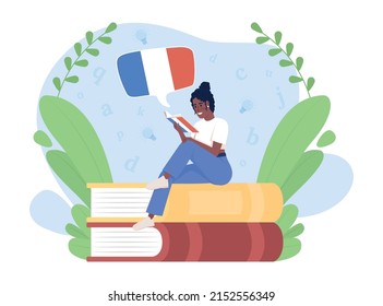 Reading book to learn French 2D vector isolated illustration. Student flat character on cartoon background. French course for beginner colourful scene for mobile, website, presentation. Lora font used