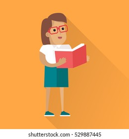 Reading book and learning people concept. Flat style. Human icon. Woman  character in glasses standing with a book in their hands. Self-education and gain knowledge. On orange background with shadow 