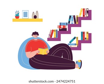 Reading a book in the library by reclining on a comfortable sofa, vector illustration.
