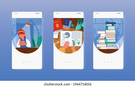 Buch lesen. Bibliothek. Wissen, Bildung. Mobile App-Bildschirme, Vektorgrafik-Website-Banner-Vorlage. UI, Website-Design.